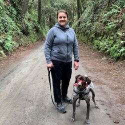 Marty with his new mom on a fern-lined hiking trail
