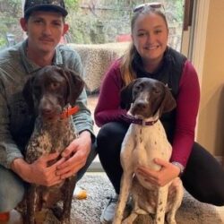 Pip with her new Mom and Dad, and GSP fur sibling.