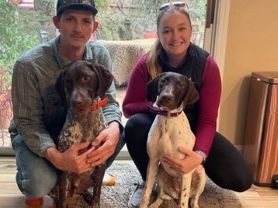 Pip with her new Mom and Dad, and GSP fur sibling.